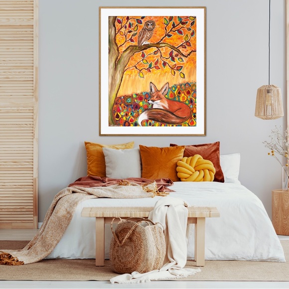 Fox Owl Autumn Ambience Art Print Oil Painting fall leaves tree animal whimsical - Picture 2 of 10